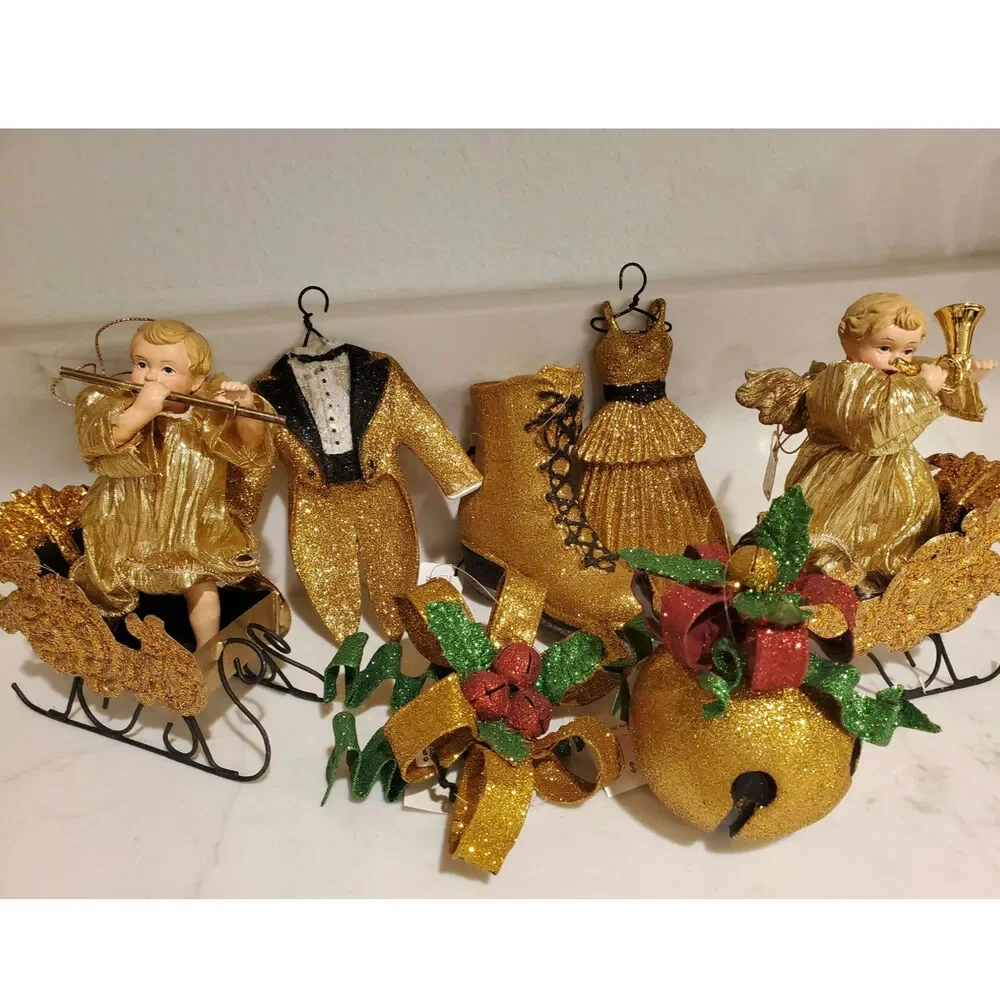 Set of 9 NEW Department 56 Golden Glitter Christmas Ornaments Cherub Sleigh